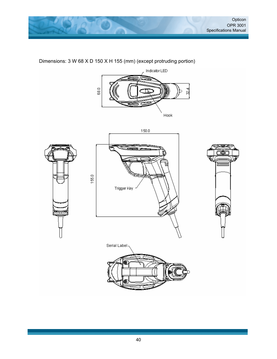 Mechanical drawing | Opticon OPR 3001 User Manual | Page 40 / 40