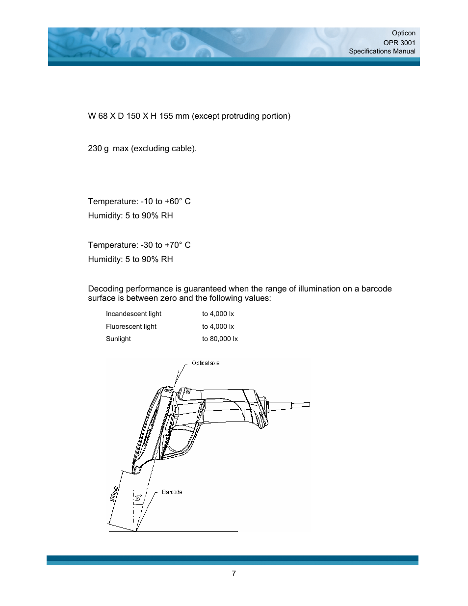 Physical features, Environmental specifications | Opticon OPR 3001 User Manual | Page 7 / 40