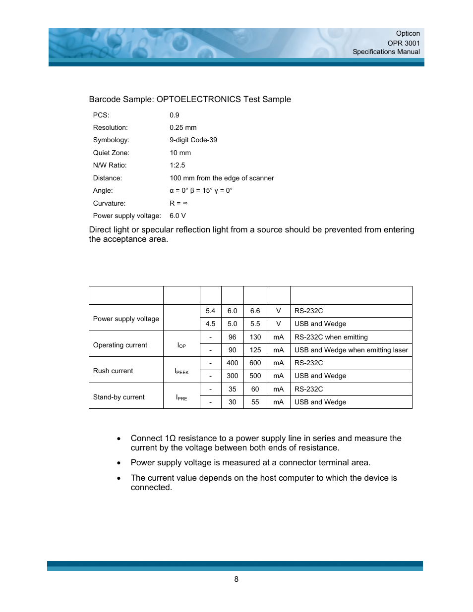 Electrical specifications, Electrical characteristics | Opticon OPR 3001 User Manual | Page 8 / 40