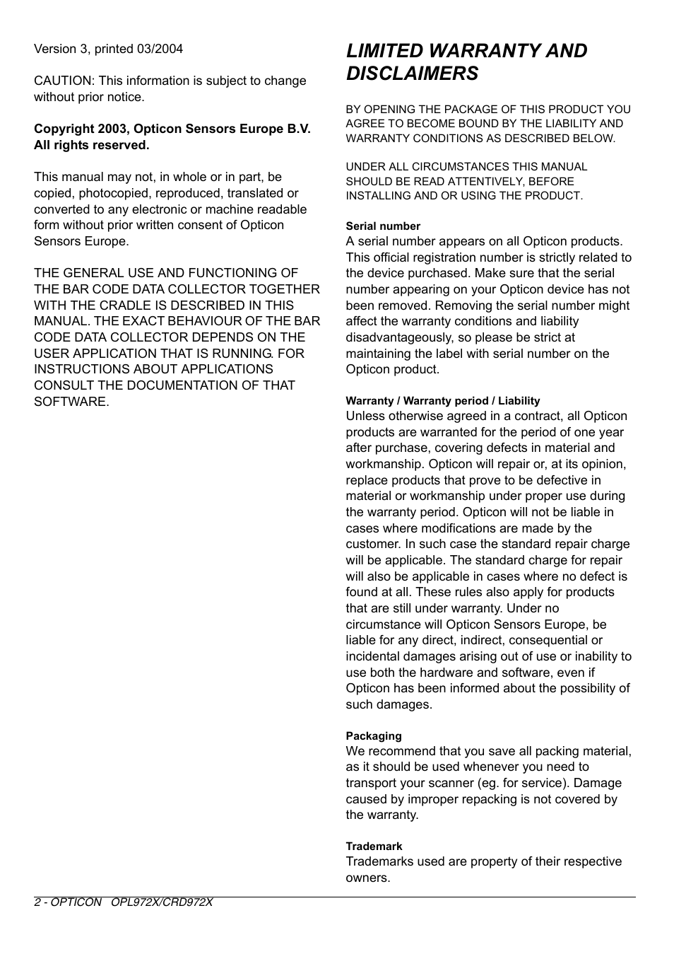 Limited warranty and disclaimers | Opticon OPL972X User Manual | Page 2 / 23