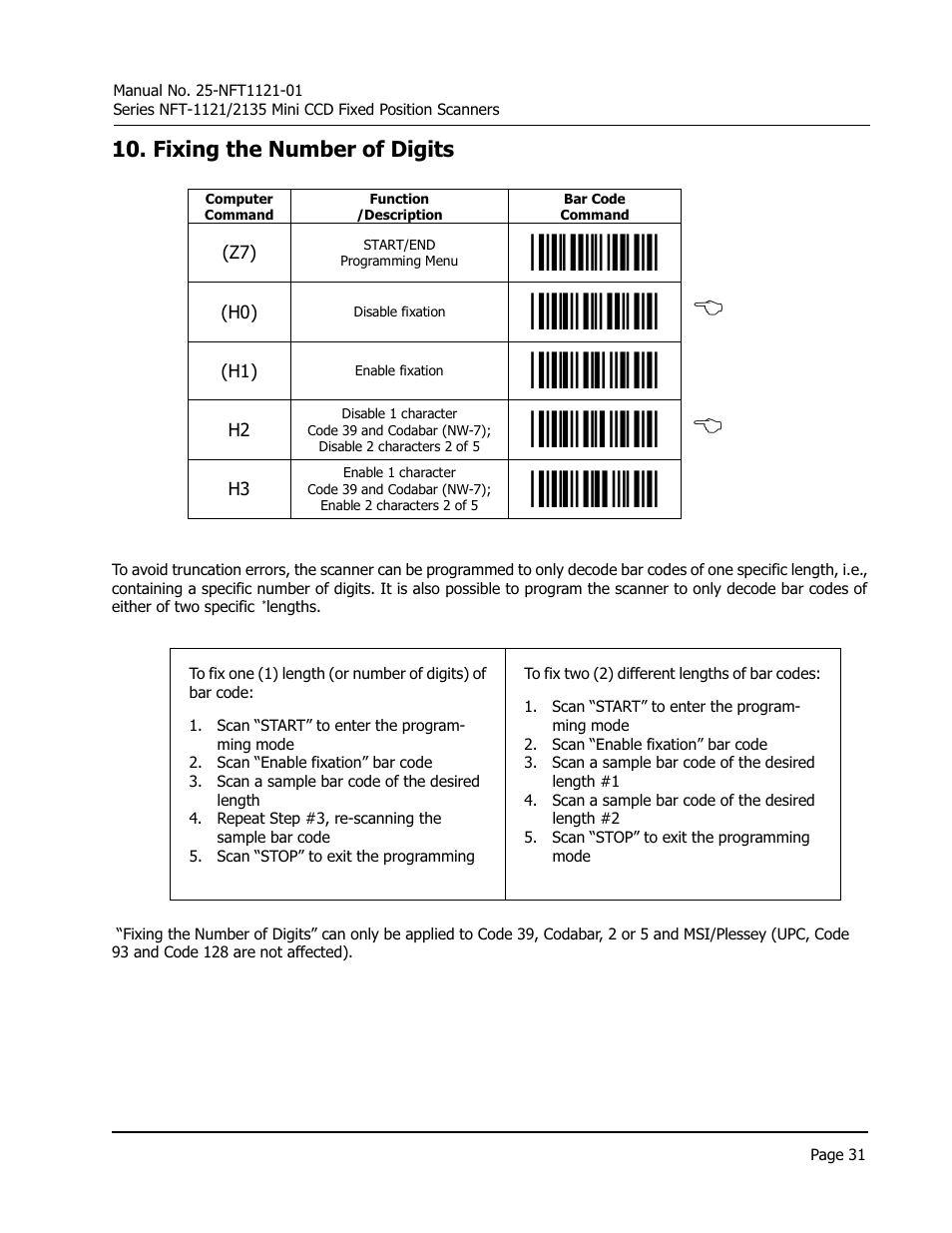 H0, b, Fixing the number of digits | Opticon NFT 1125 User Manual | Page 37 / 61