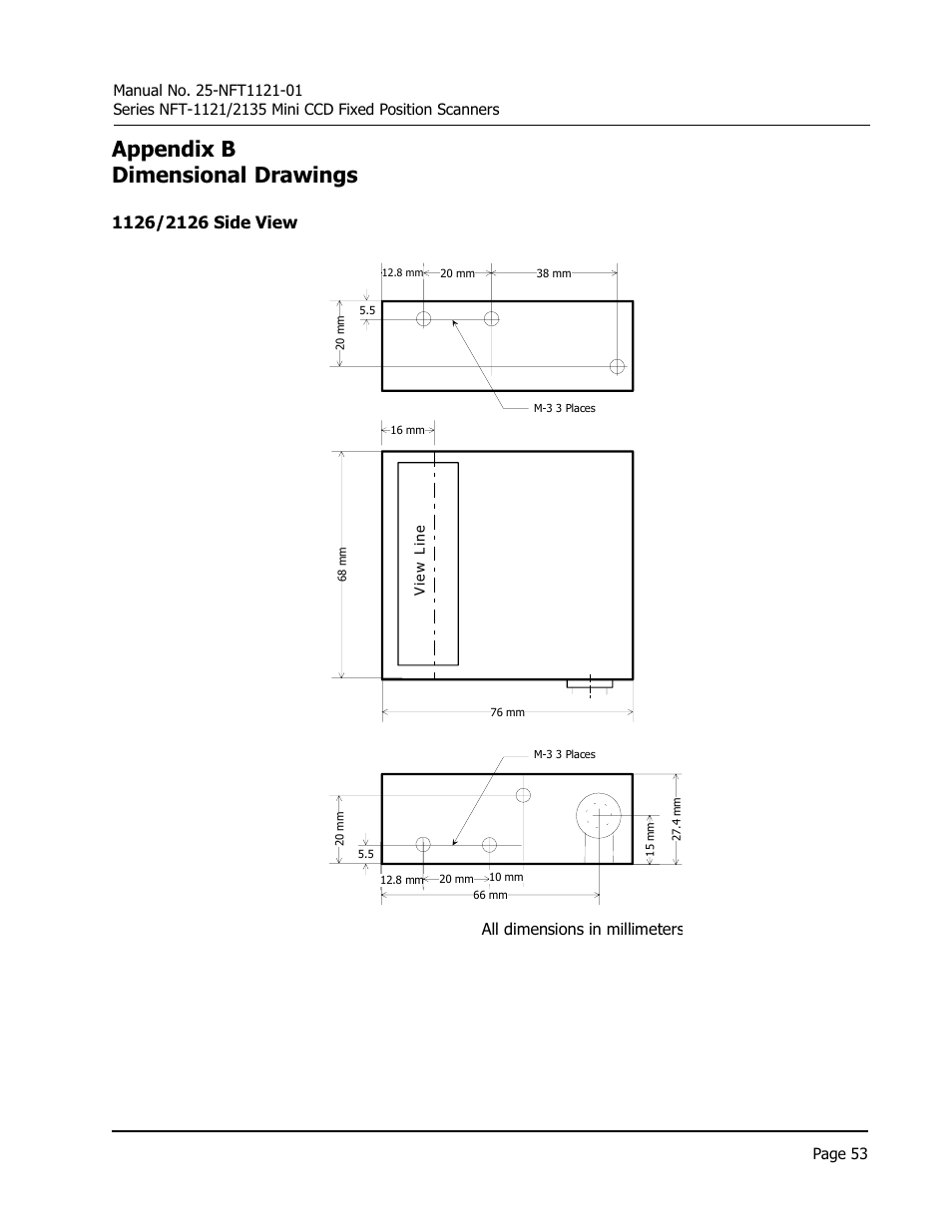 Appendix b dimensional drawings, All dimensions in millimeters | Opticon NFT 1125 User Manual | Page 59 / 61