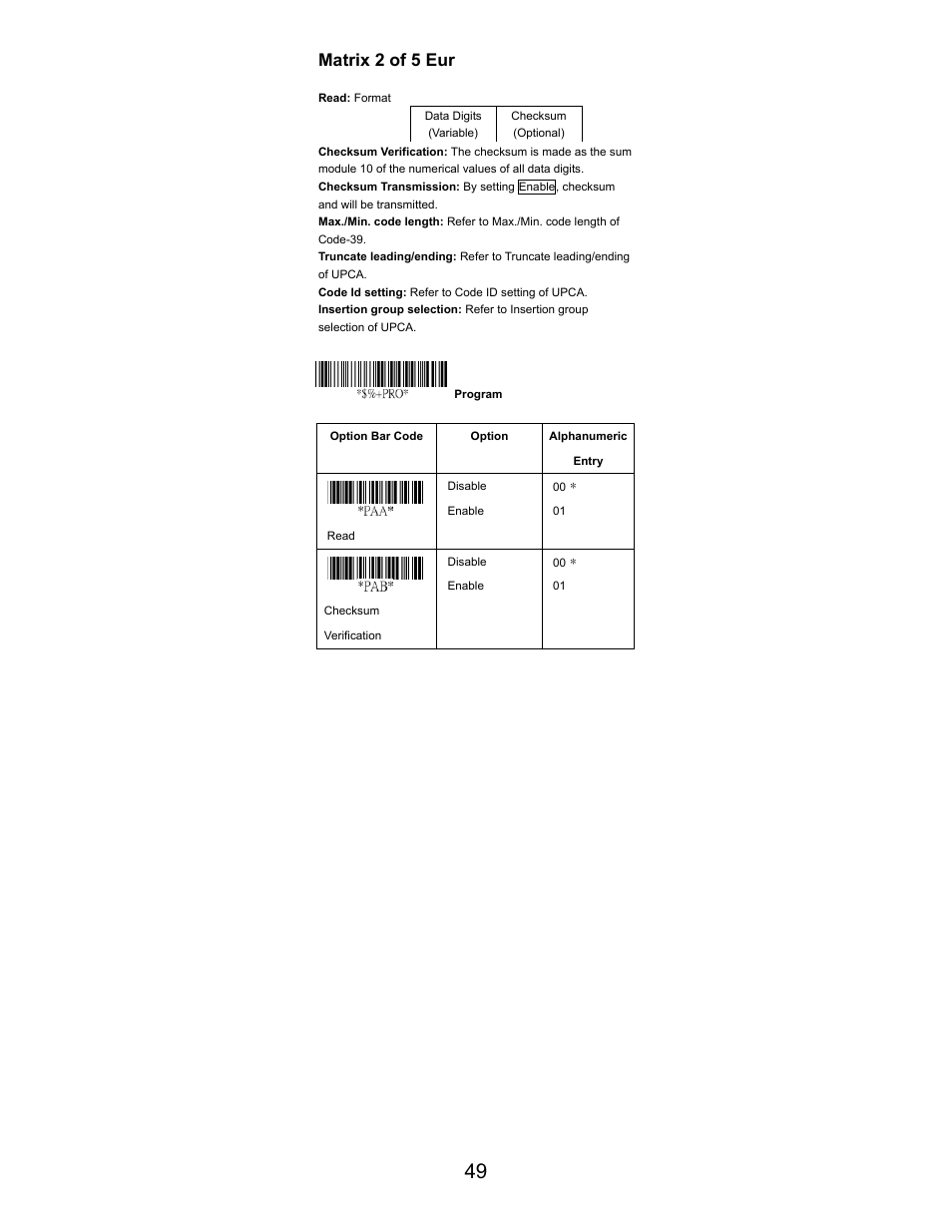 Matrix 2 of 5 eur | Opticon LGZ 7225 User Manual | Page 49 / 87