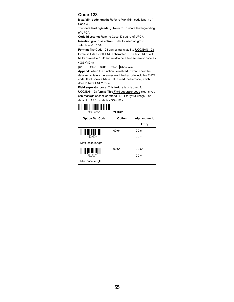 Code-128 | Opticon LGZ 7225 User Manual | Page 55 / 87