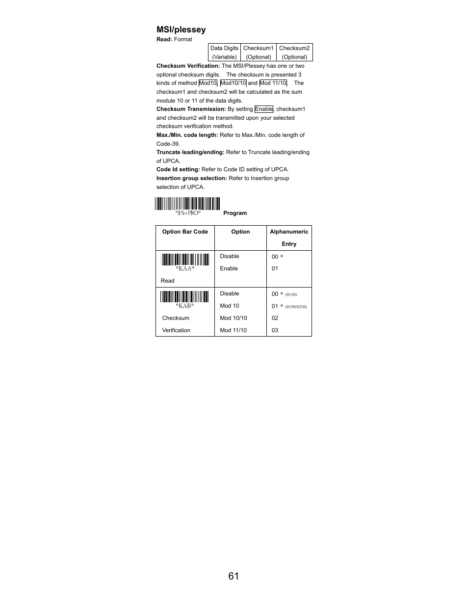 Msi/plessey | Opticon LGZ 7225 User Manual | Page 61 / 87