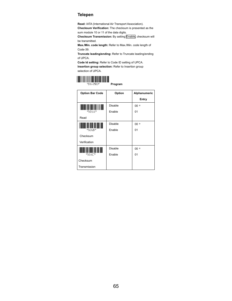 Telepen | Opticon LGZ 7225 User Manual | Page 65 / 87