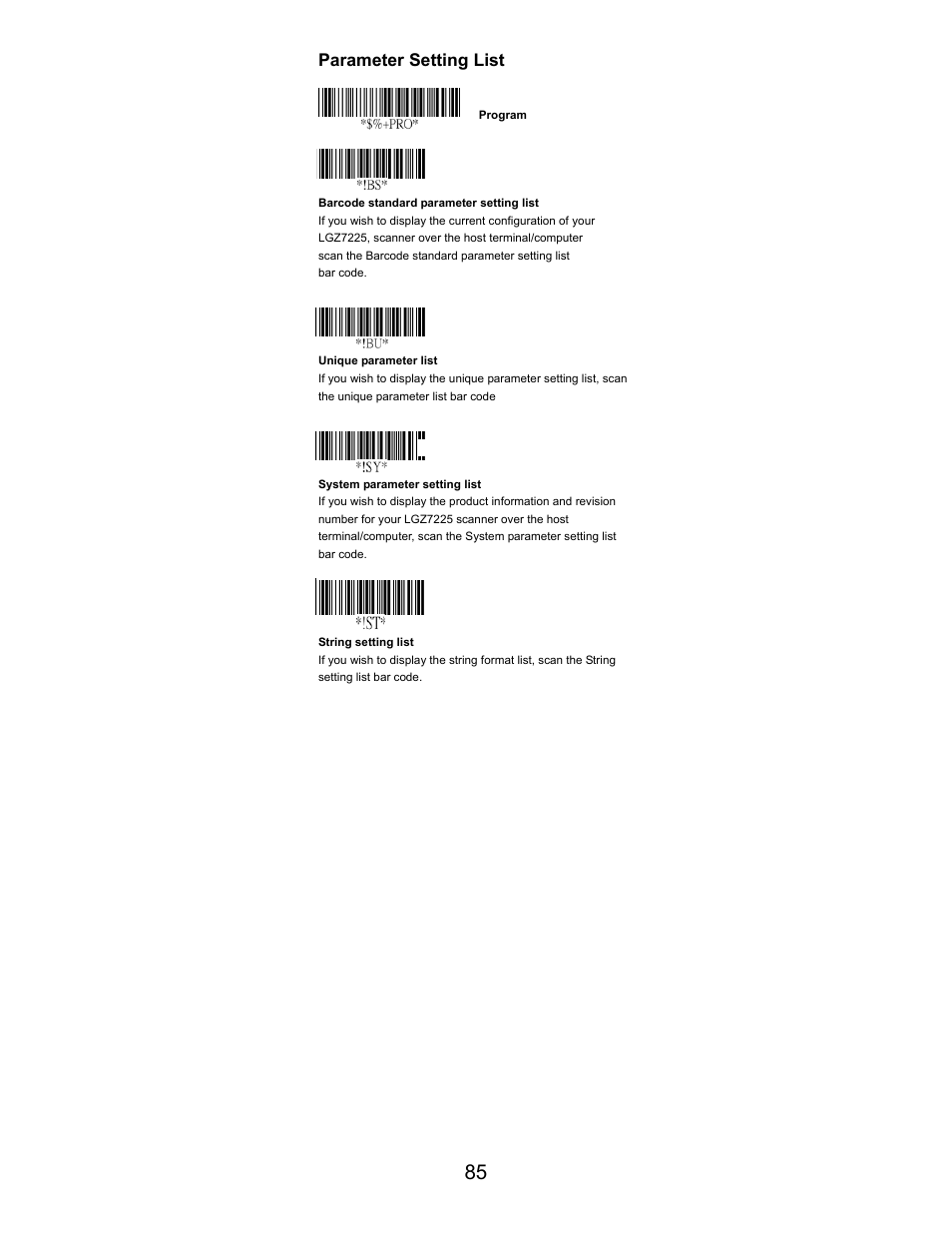 Parameter setting list | Opticon LGZ 7225 User Manual | Page 85 / 87