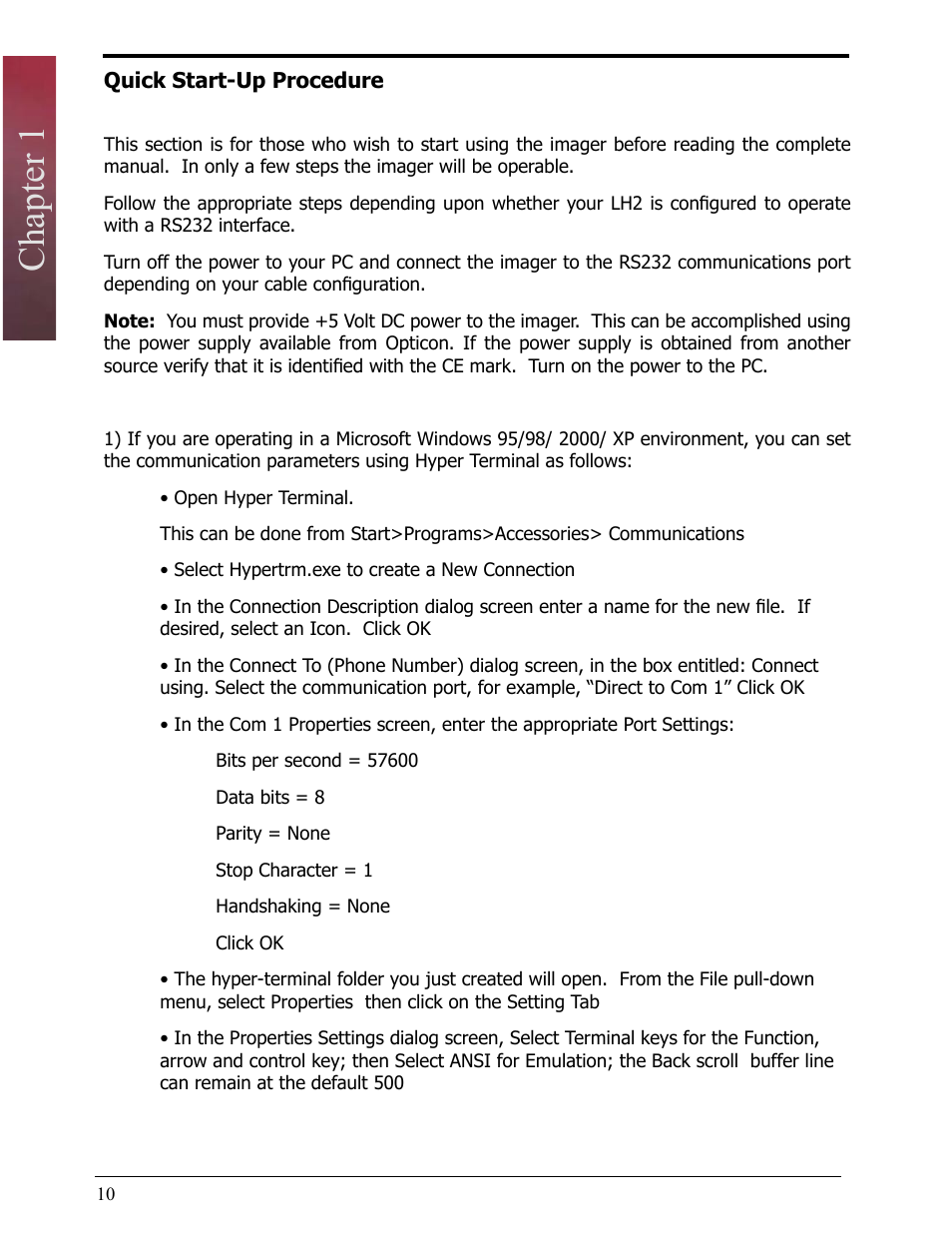 Quick start-up procedure, Chapter 1 | Opticon LH2 User Manual | Page 10 / 102
