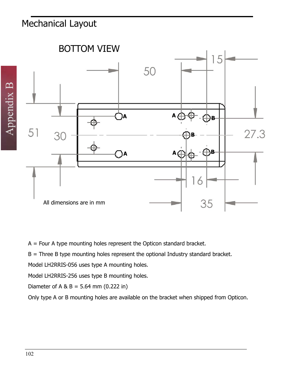 Appendix b, Mechanical layout bottom view | Opticon LH2 User Manual | Page 102 / 102