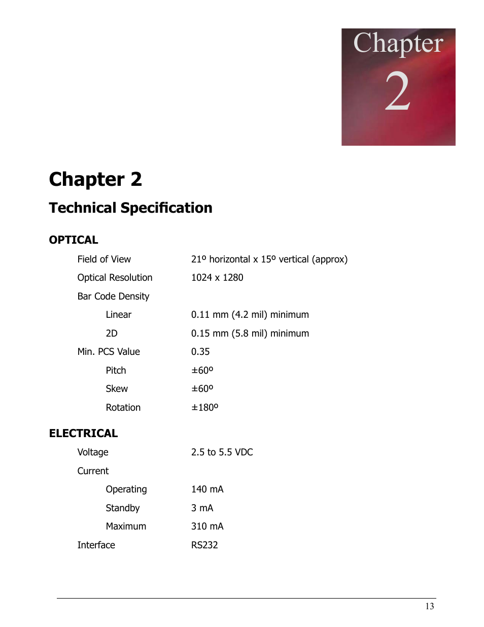 Chapter 2, Technical specification, Optical | Electrical, Chapter, Chapter 1 | Opticon LH2 User Manual | Page 13 / 102