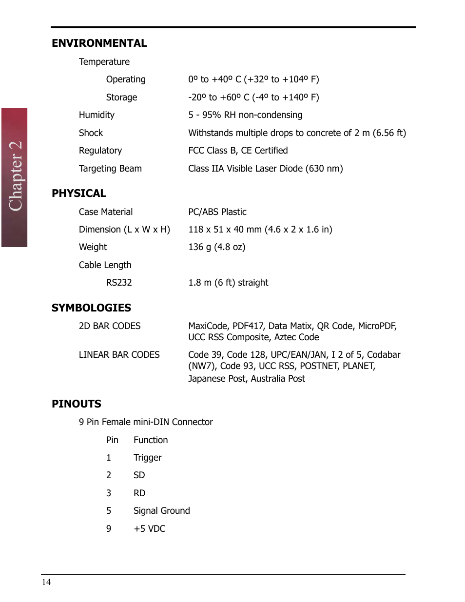 Environmental, Physical, Symbologies | Pinouts, Chapter 2 | Opticon LH2 User Manual | Page 14 / 102