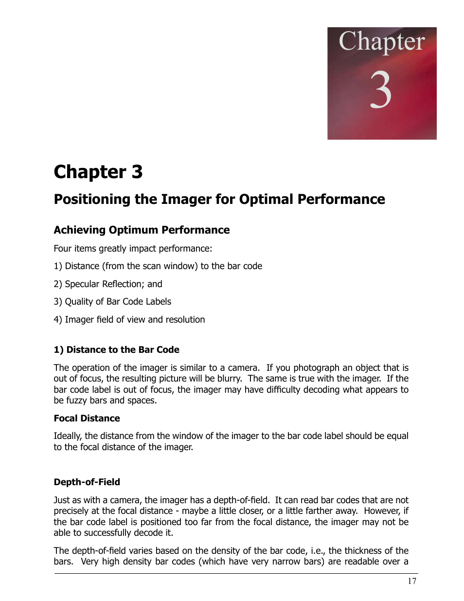 Chapter 3, Positioning the imager for optimal performance, Achieving optimum performance | 1) distance to the bar code, Focal distance, Depth-of-field, Chapter, Chapter 2 | Opticon LH2 User Manual | Page 17 / 102