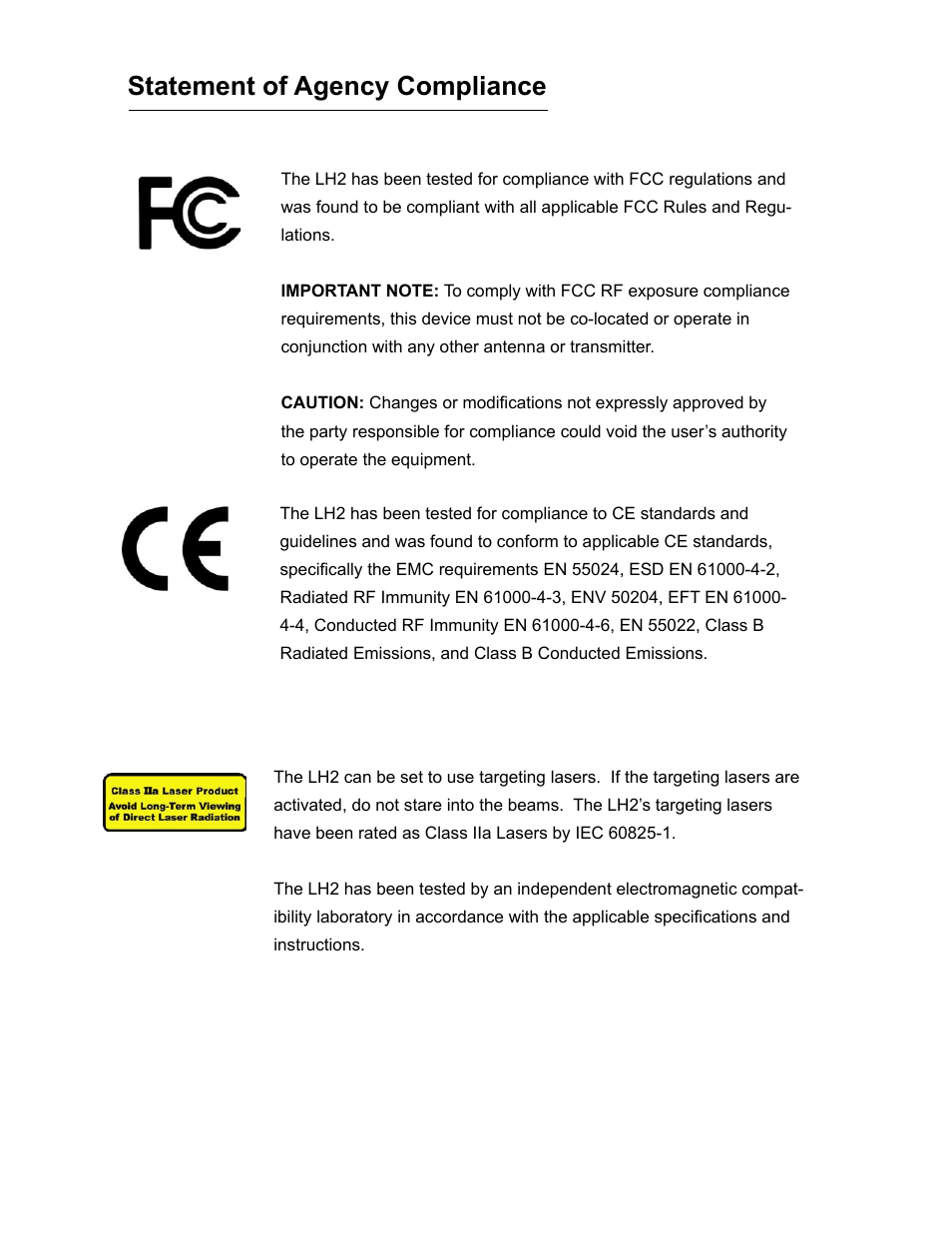 Statement of agency compliance | Opticon LH2 User Manual | Page 2 / 102