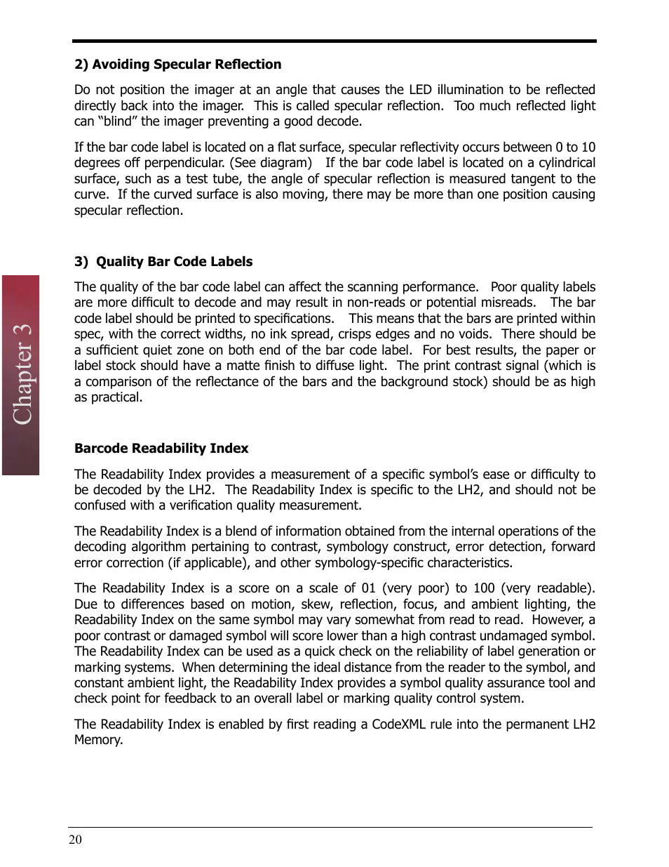 2) avoiding specular reflection, 3) quality bar code labels, Barcode readability index | Chapter 3 | Opticon LH2 User Manual | Page 20 / 102