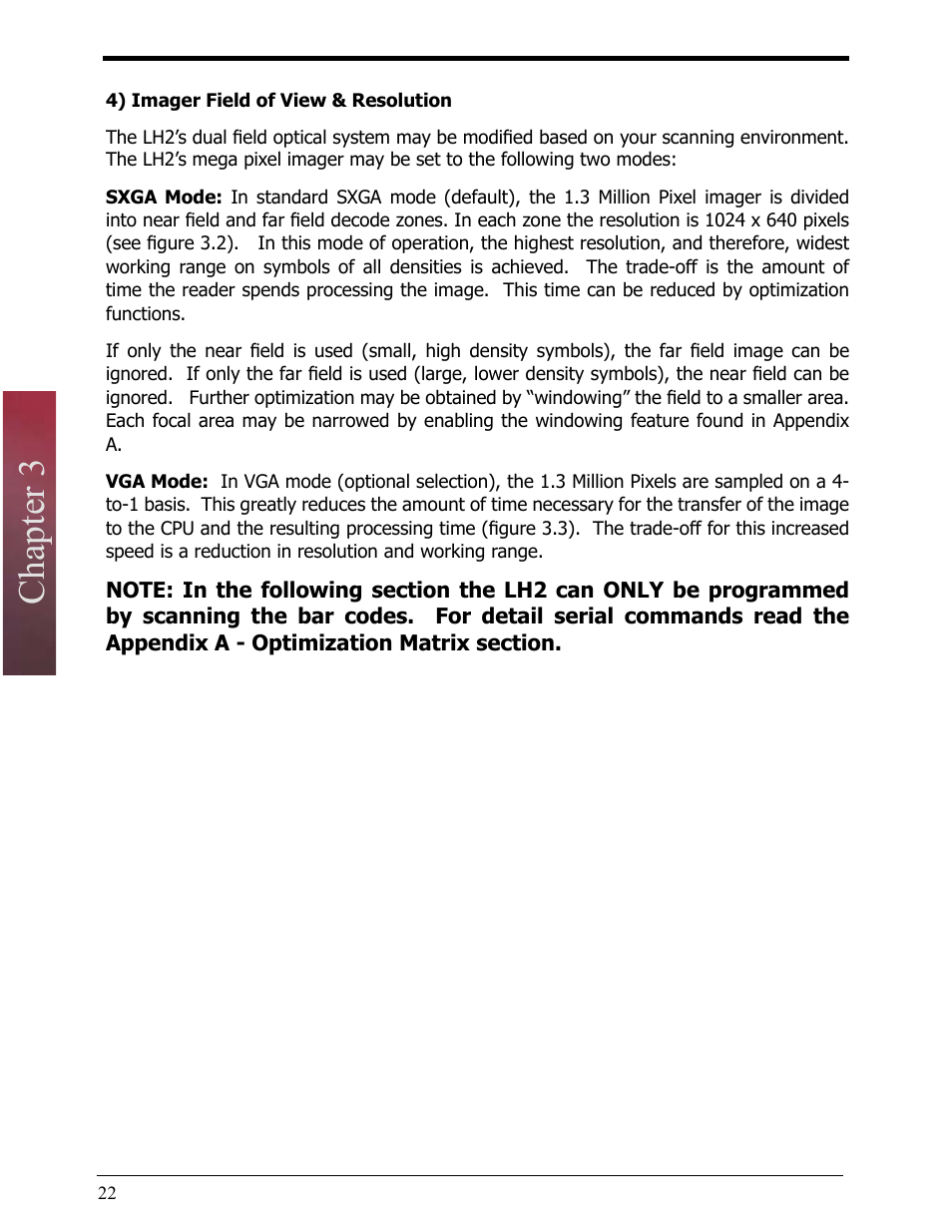 4) imager field of view & resolution, Chapter 3 | Opticon LH2 User Manual | Page 22 / 102