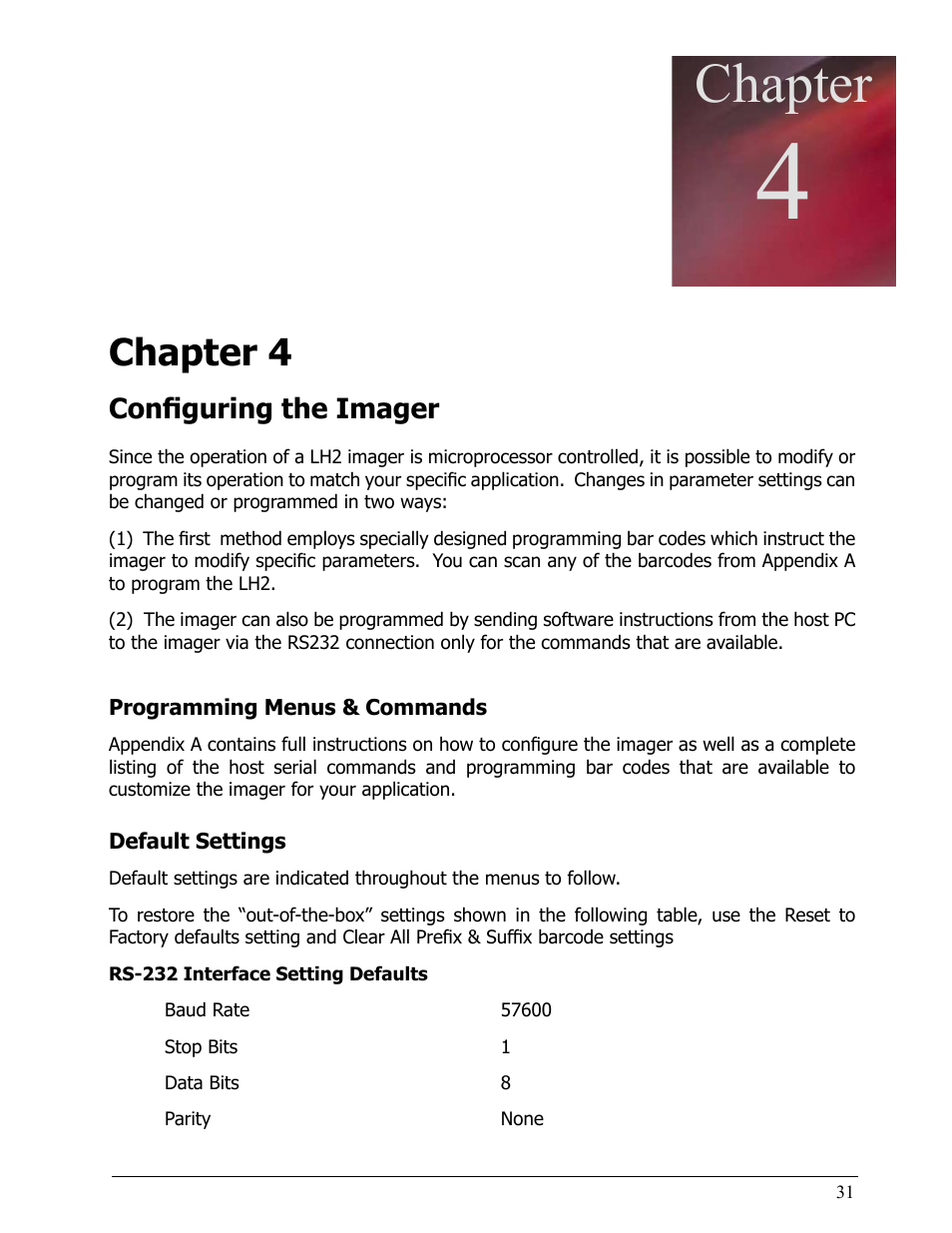 Chapter 4, Configuring the imager, Programming menus & commands | Default settings, Rs-232 interface setting defaults, Chapter, Chapter 3 | Opticon LH2 User Manual | Page 31 / 102