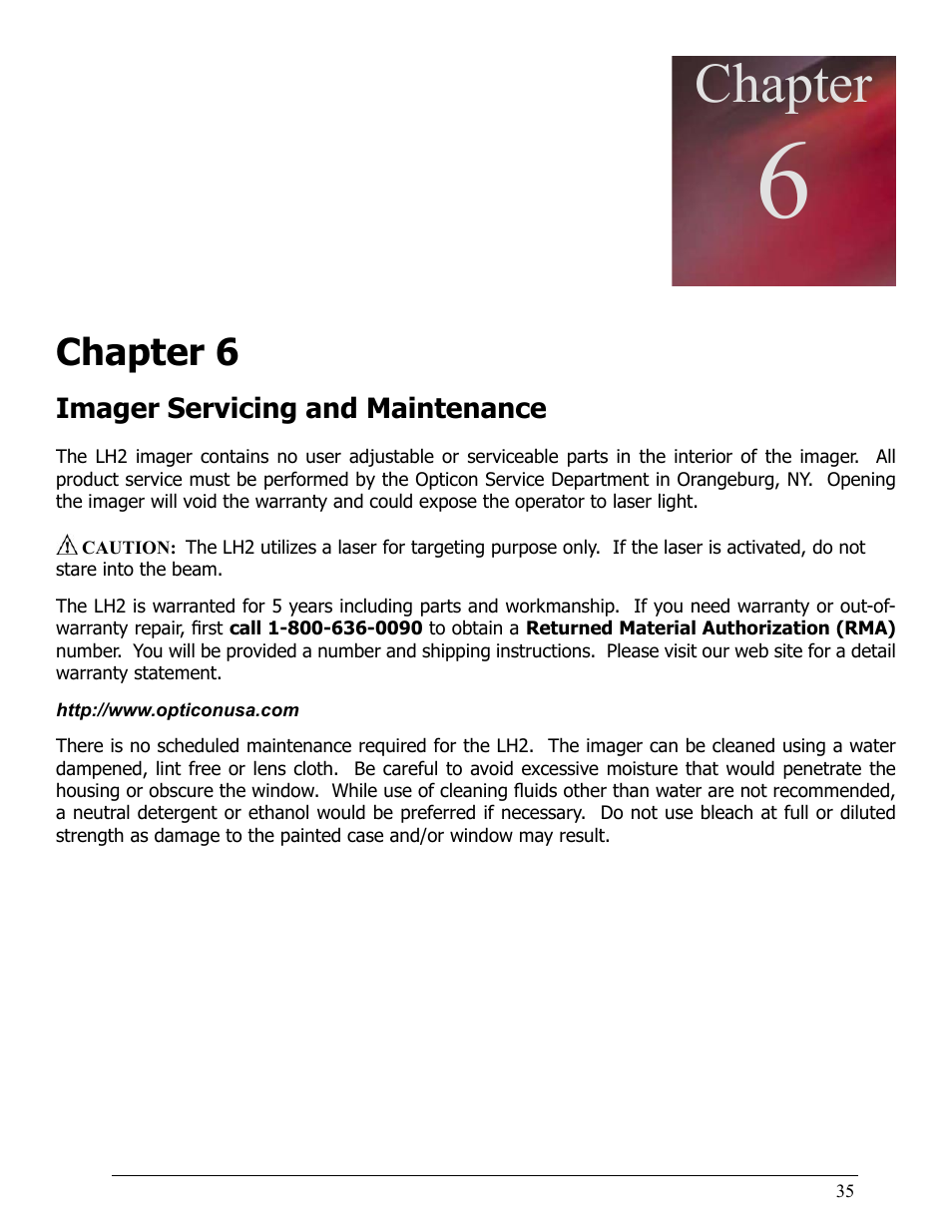 Chapter 6, Imager servicing and maintenance, Chapter | Chapter 5 | Opticon LH2 User Manual | Page 35 / 102