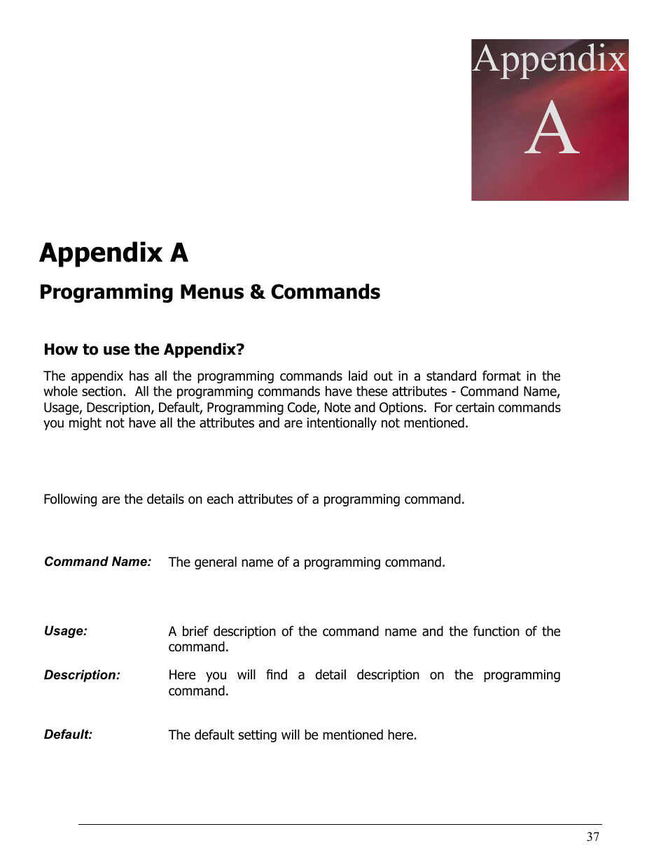 How to use the appendix, Appendix a, Programming menus & commands | Appendix, Chapter 6 | Opticon LH2 User Manual | Page 37 / 102