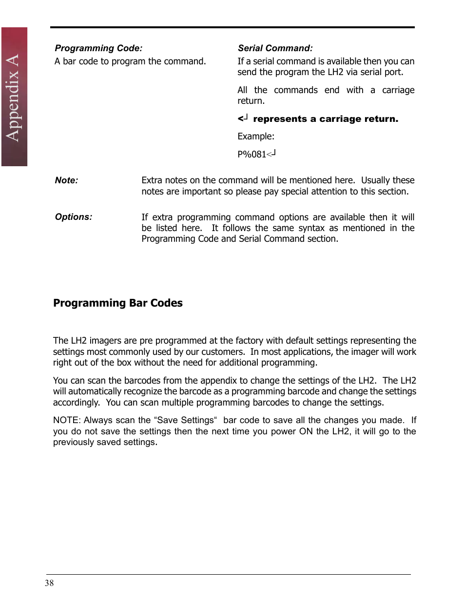 Programming bar codes, Appendix a | Opticon LH2 User Manual | Page 38 / 102