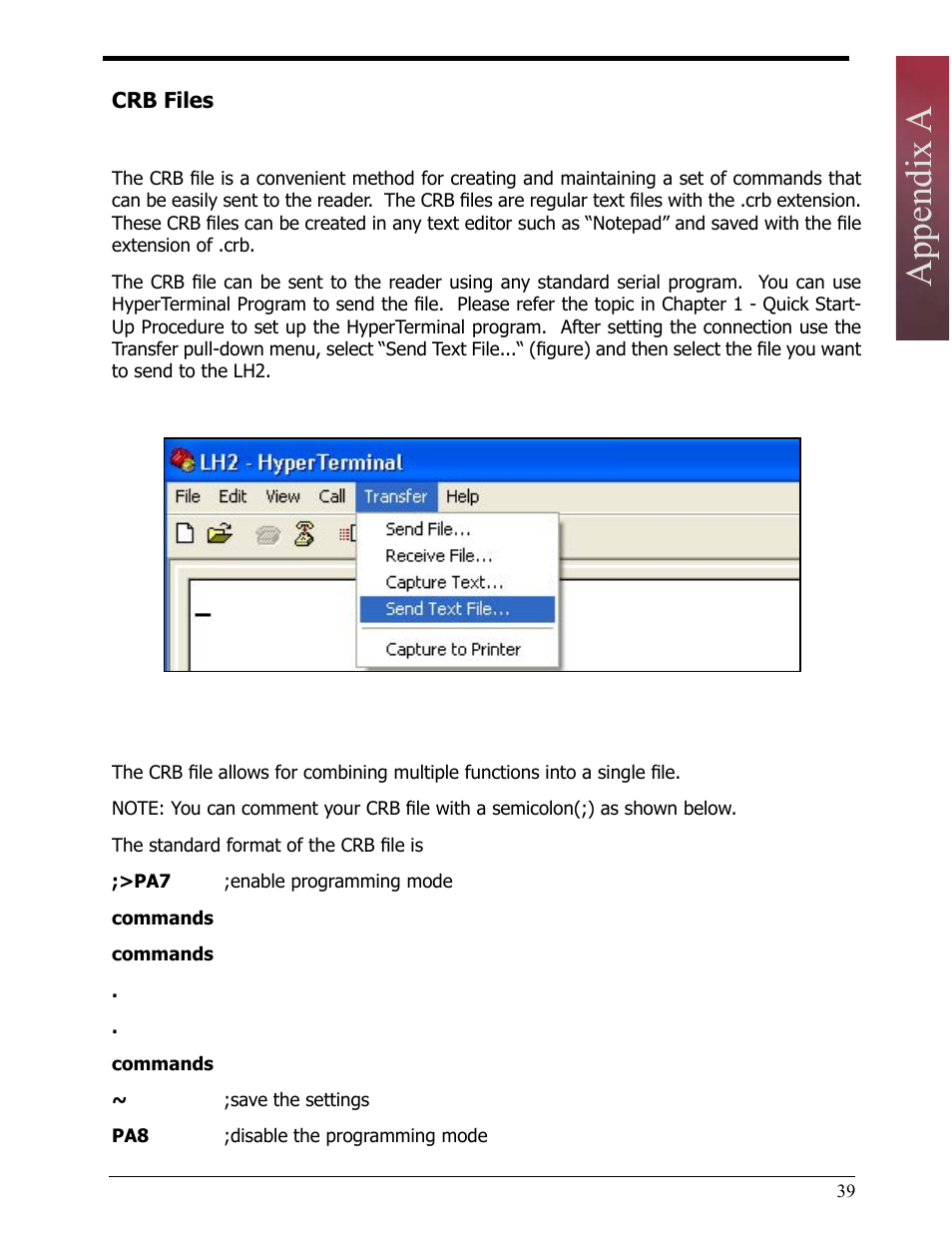 Crb files, Appendix a | Opticon LH2 User Manual | Page 39 / 102