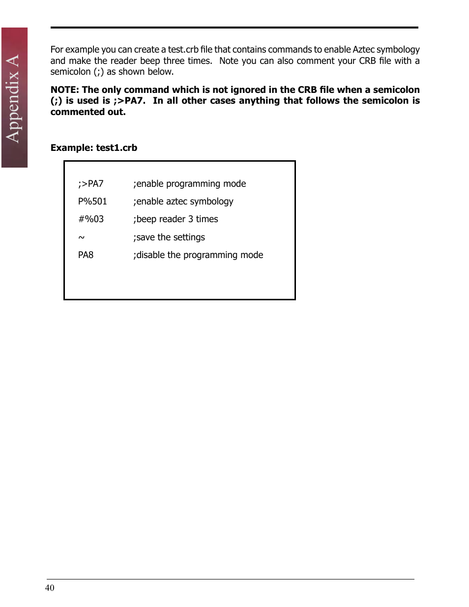 Example: test1.crb, Appendix a, General options | Opticon LH2 User Manual | Page 40 / 102
