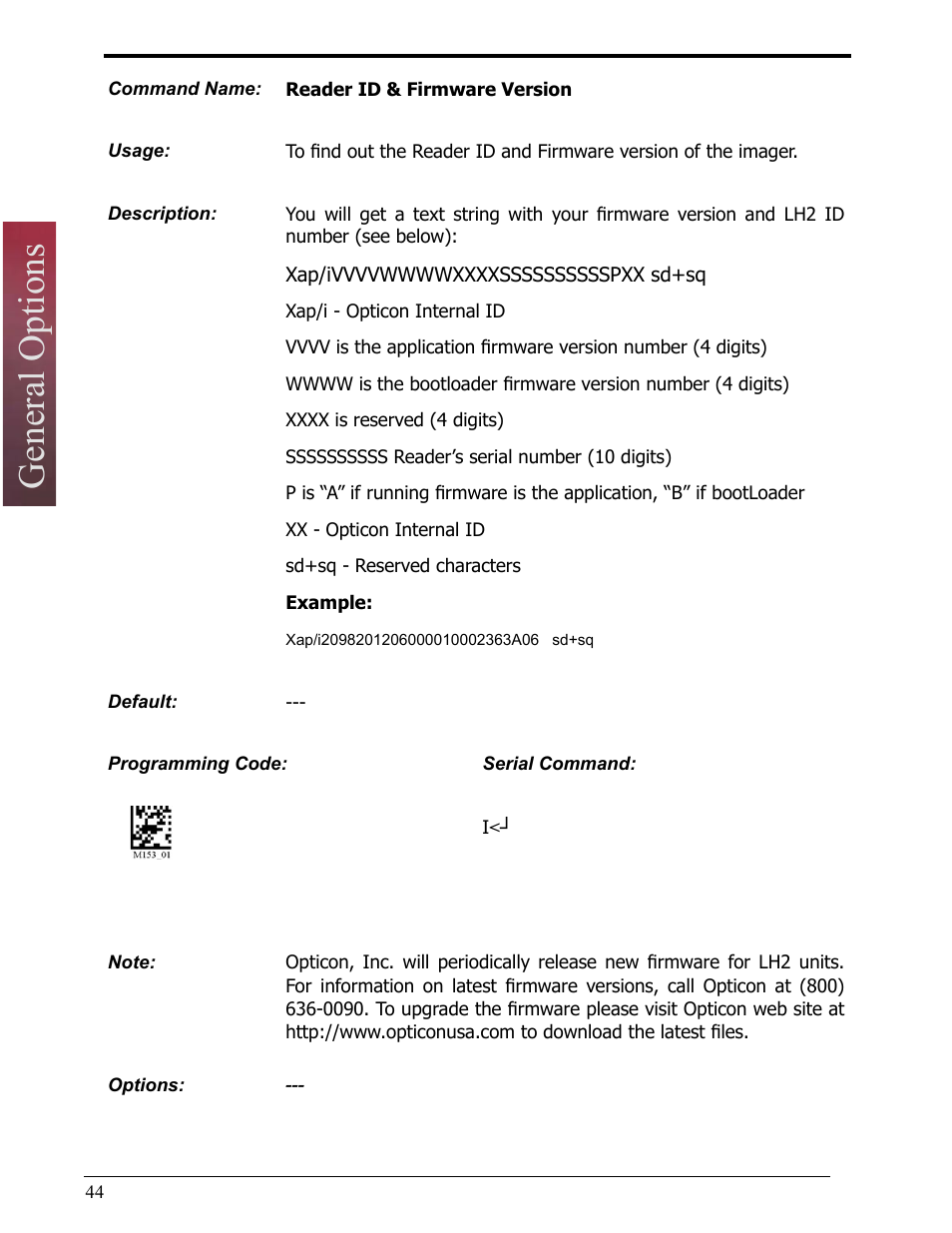 Reader id & firmware version, General options | Opticon LH2 User Manual | Page 44 / 102