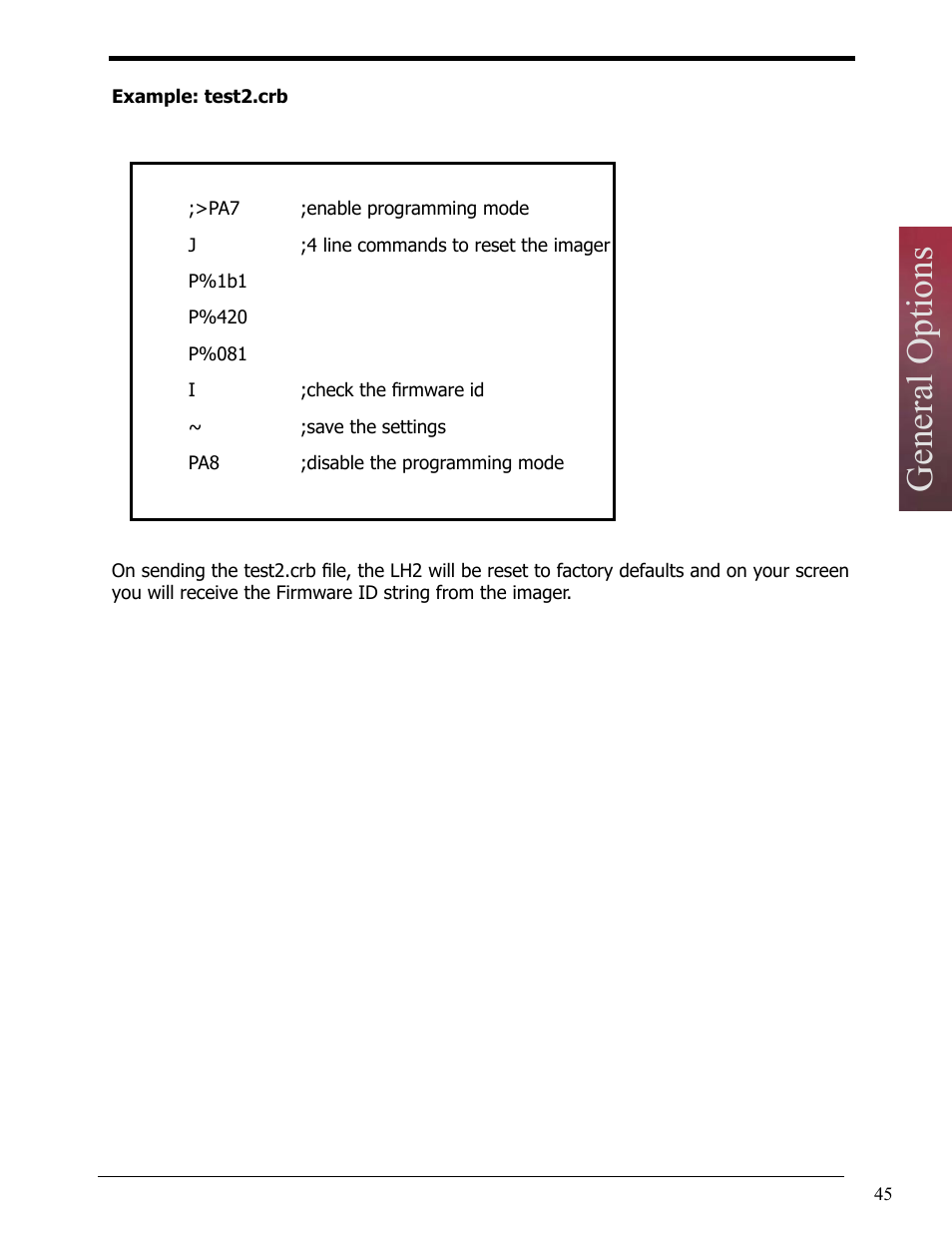 Example: test2.crb, General options | Opticon LH2 User Manual | Page 45 / 102