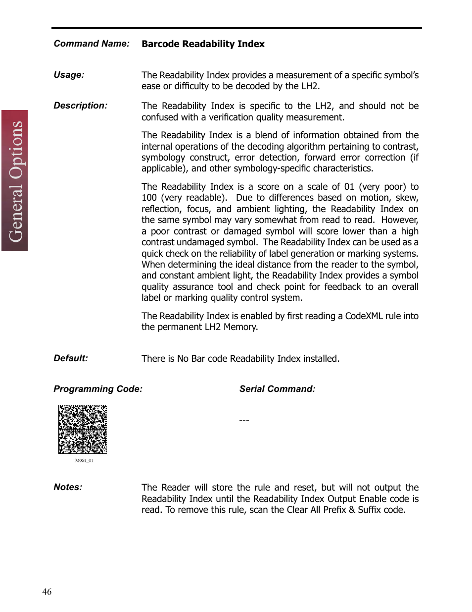 Barcode readability index, General options | Opticon LH2 User Manual | Page 46 / 102