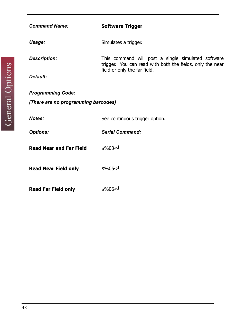 Software trigger, Read near and far field, Read near field only | Read far field only, General options, Symbology options | Opticon LH2 User Manual | Page 48 / 102