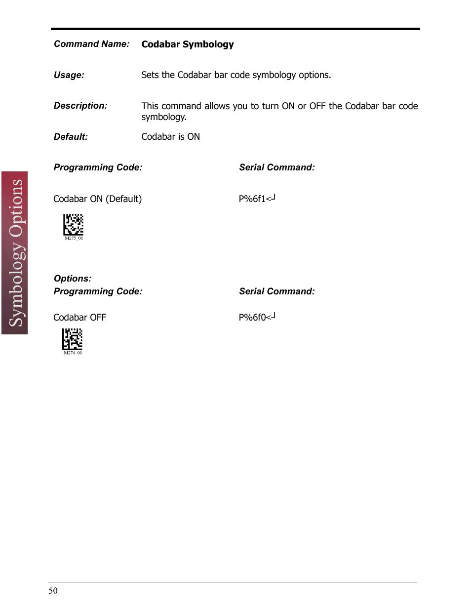 Codabar symbology, Symbology options | Opticon LH2 User Manual | Page 50 / 102