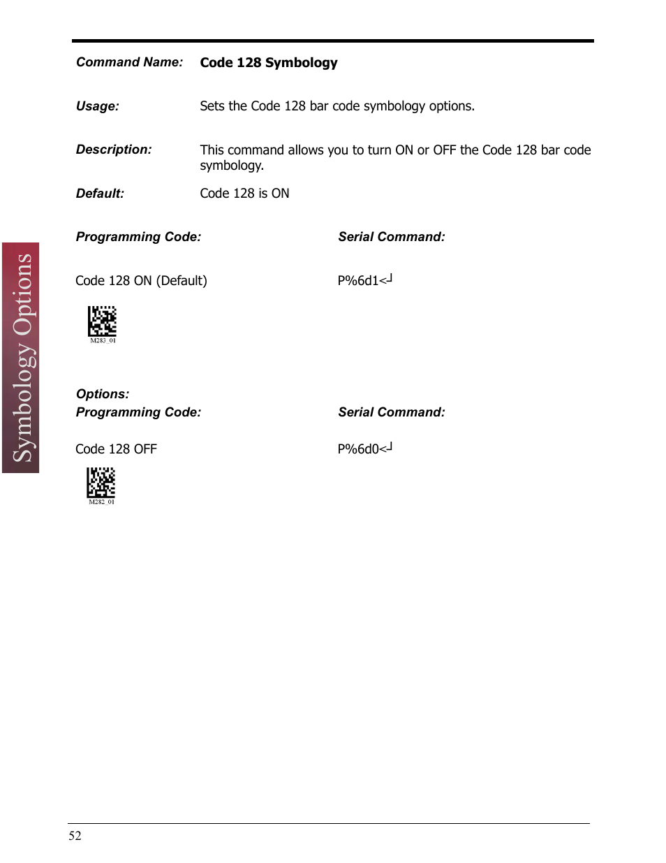 Code 128 symbology, Symbology options | Opticon LH2 User Manual | Page 52 / 102