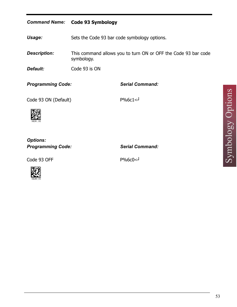 Code 93 symbology, Symbology options | Opticon LH2 User Manual | Page 53 / 102