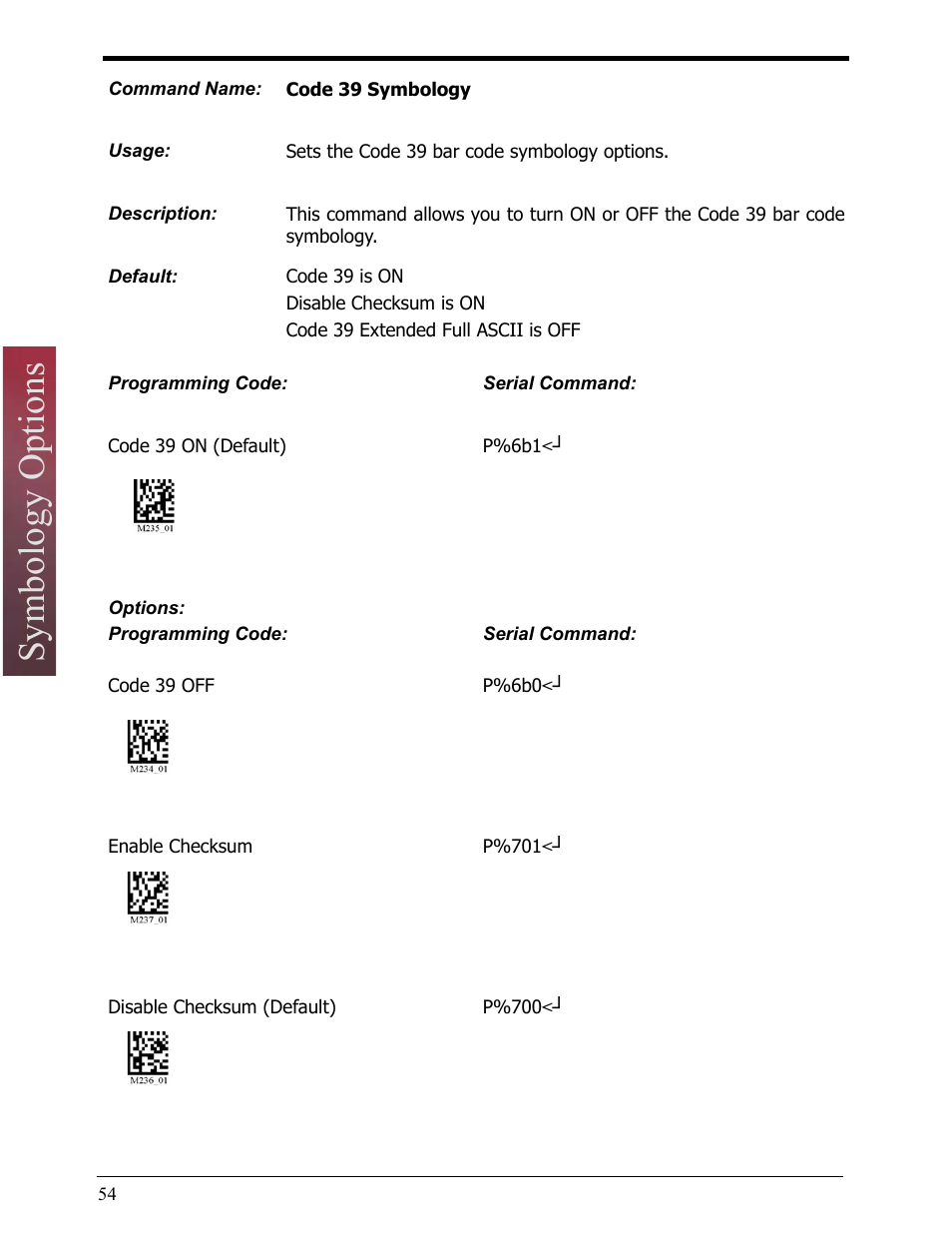 Code 39 symbology, Symbology options | Opticon LH2 User Manual | Page 54 / 102