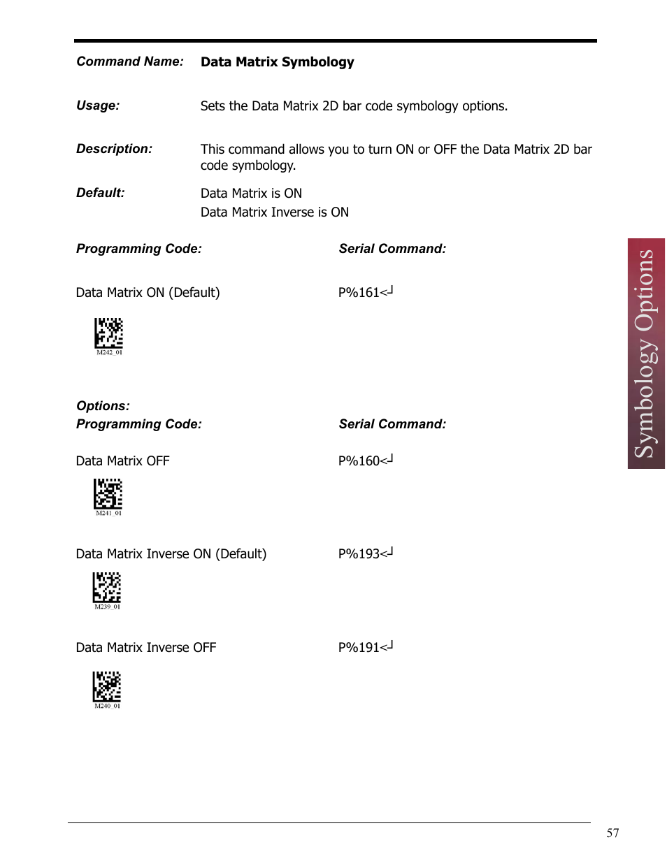 Data matrix symbology, Symbology options | Opticon LH2 User Manual | Page 57 / 102