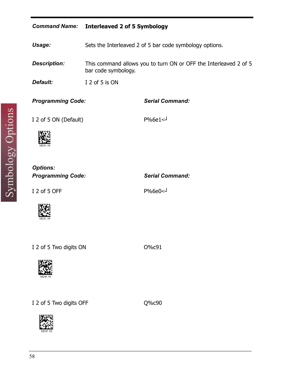 Interleaved 2 of 5 symbology, Symbology options | Opticon LH2 User Manual | Page 58 / 102