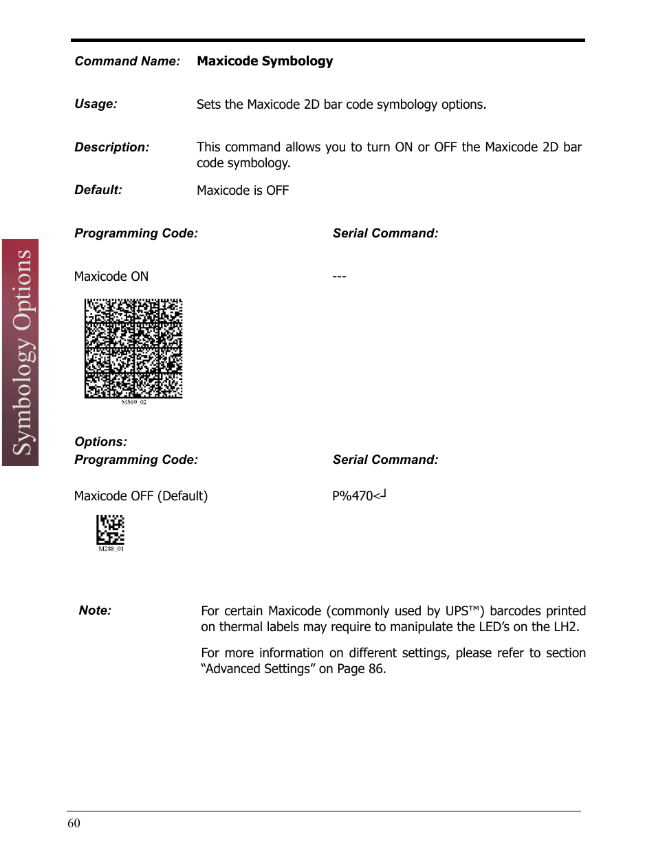 Maxicode symbology, Symbology options | Opticon LH2 User Manual | Page 60 / 102