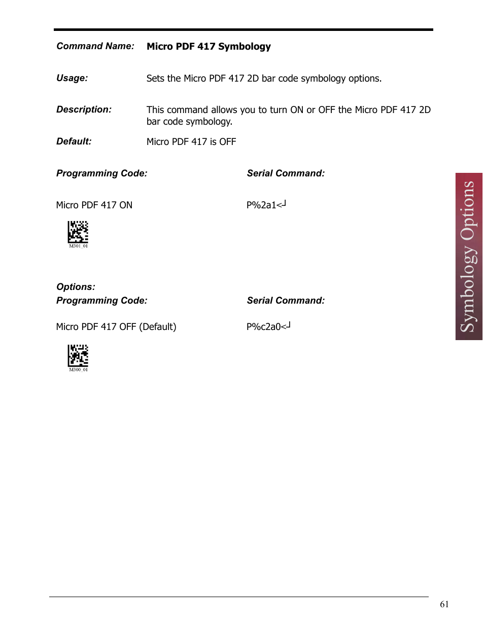 Micro pdf 417 symbology, Symbology options | Opticon LH2 User Manual | Page 61 / 102
