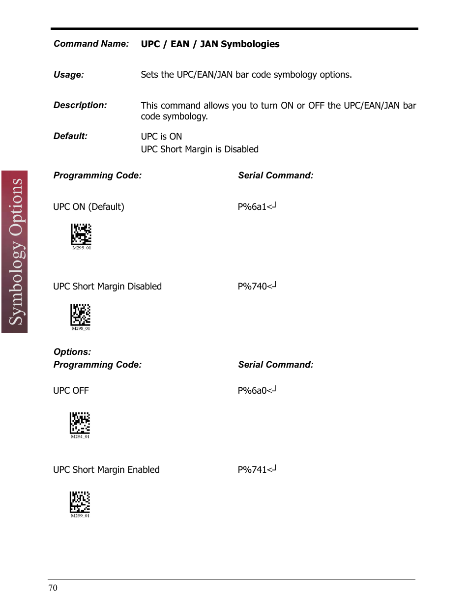 Upc / ean / jan symbologies, Symbology options | Opticon LH2 User Manual | Page 70 / 102