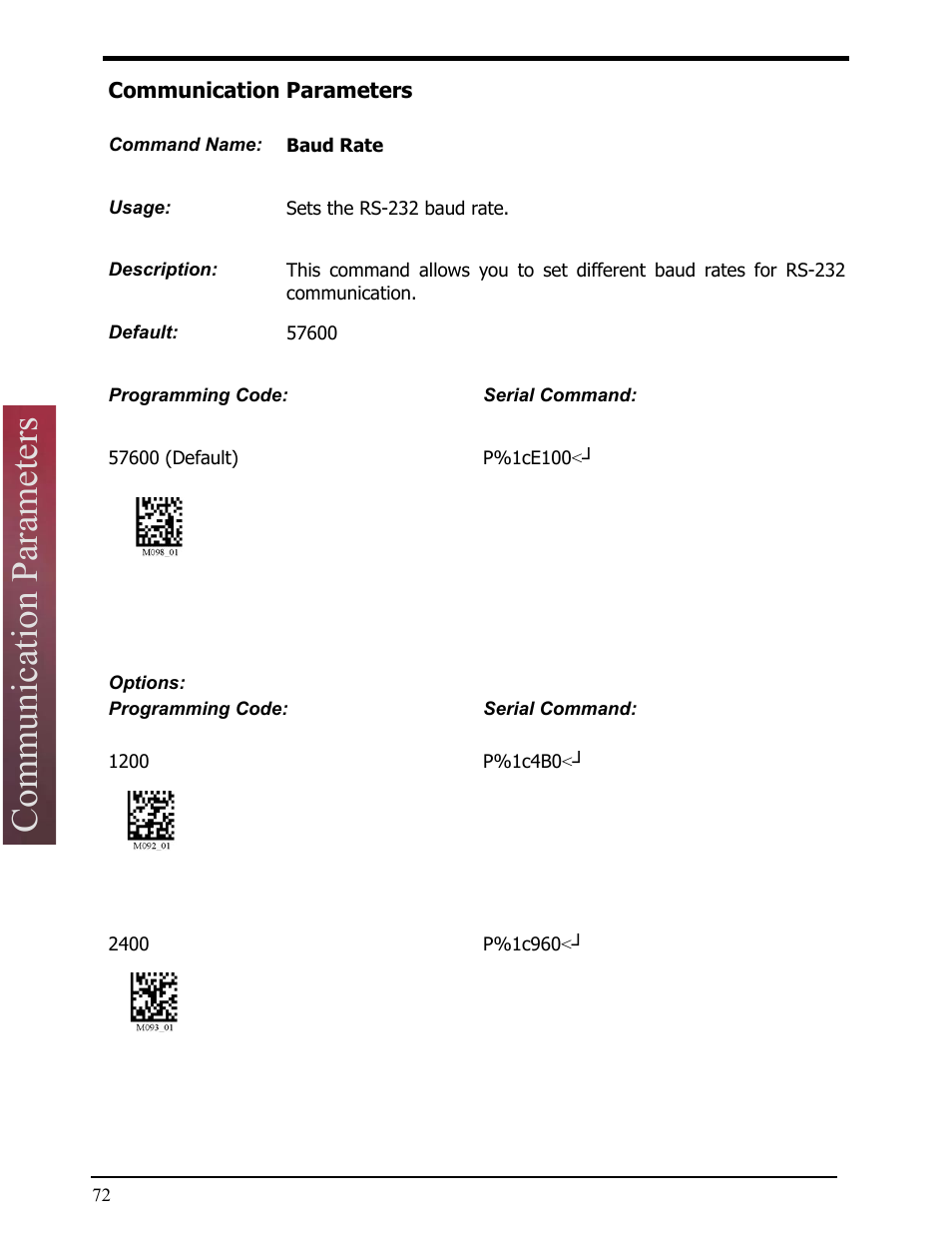 Communication parameters, Baud rate | Opticon LH2 User Manual | Page 72 / 102