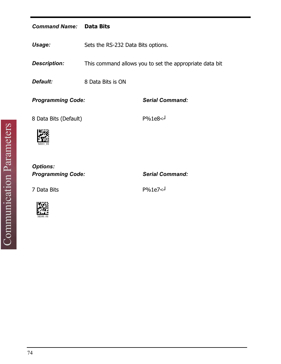 Data bits, Communication parameters | Opticon LH2 User Manual | Page 74 / 102