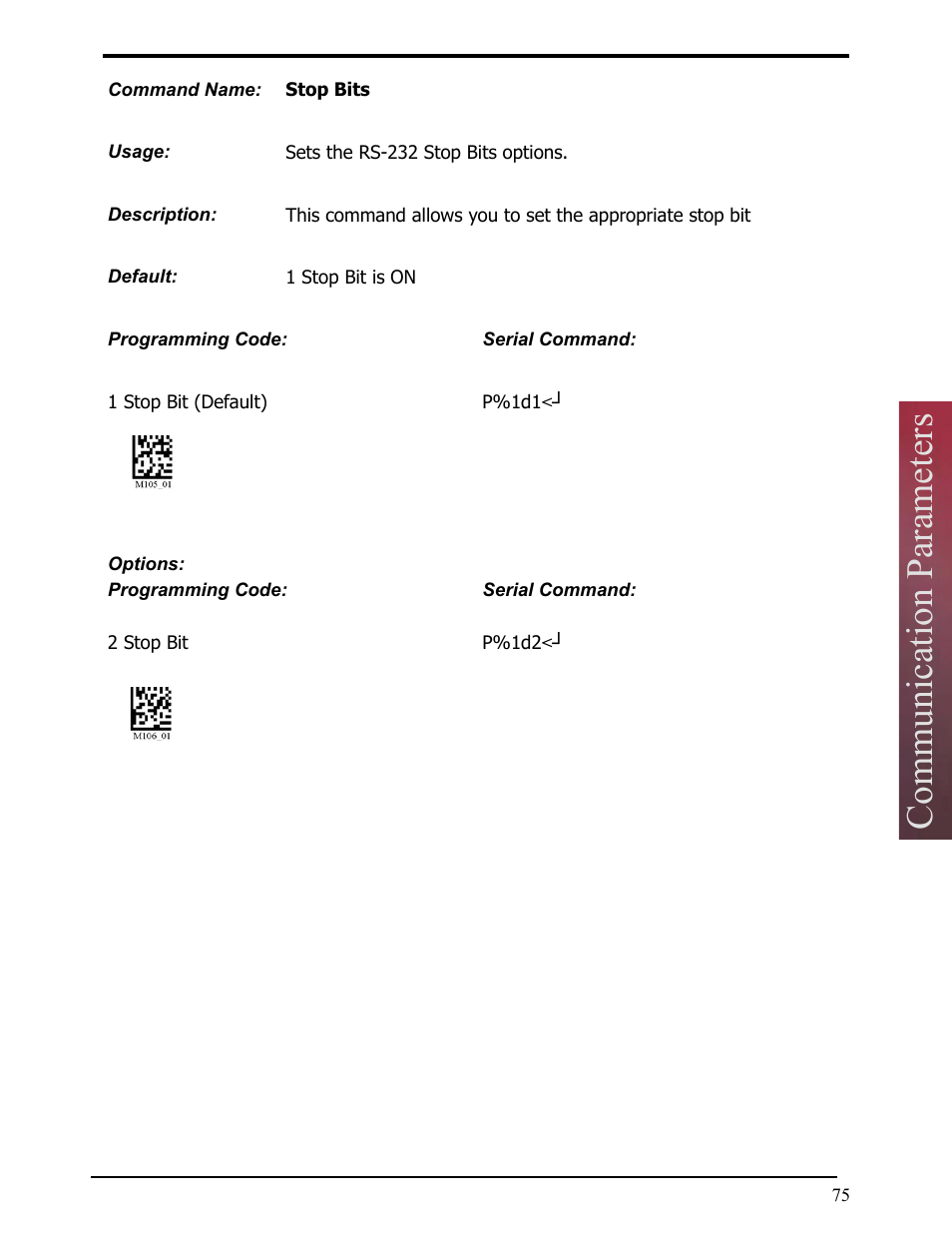 Stop bits, Communication parameters | Opticon LH2 User Manual | Page 75 / 102