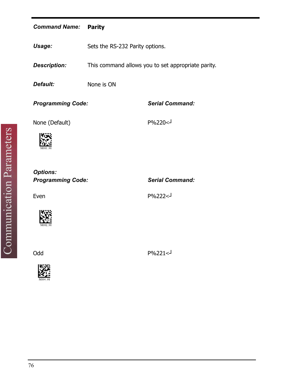 Parity, Communication parameters, Hardware settings | Opticon LH2 User Manual | Page 76 / 102
