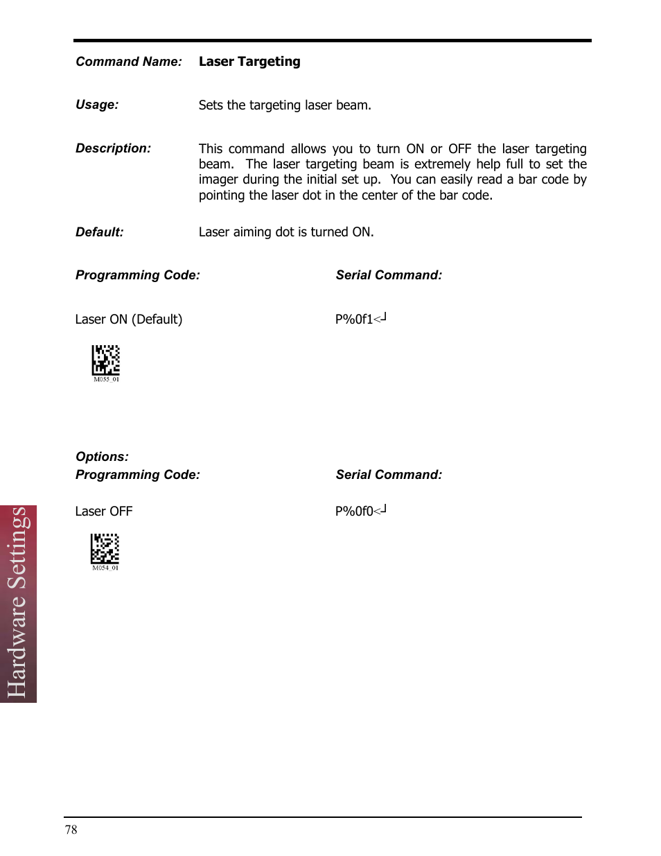 Laser targeting, Hardware settings | Opticon LH2 User Manual | Page 78 / 102