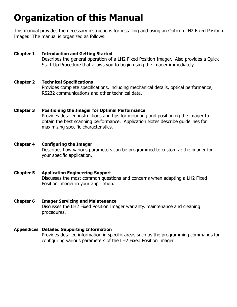 Organization of this manual, Chapter | Opticon LH2 User Manual | Page 8 / 102