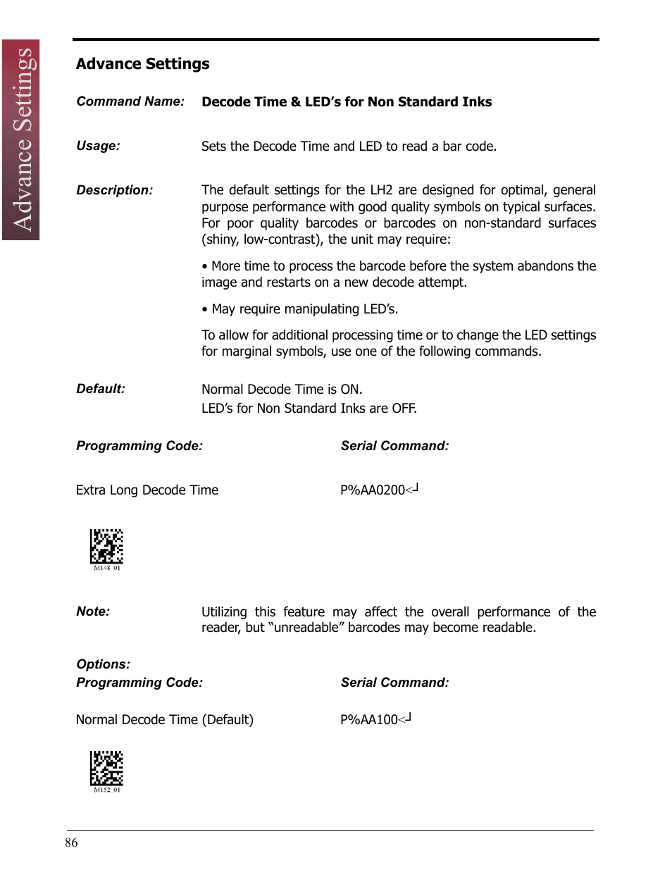 Advance settings, Decode time & led’s for non standard inks | Opticon LH2 User Manual | Page 86 / 102