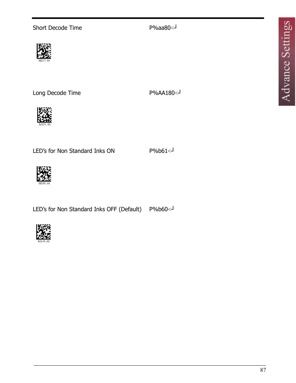 Advance settings | Opticon LH2 User Manual | Page 87 / 102