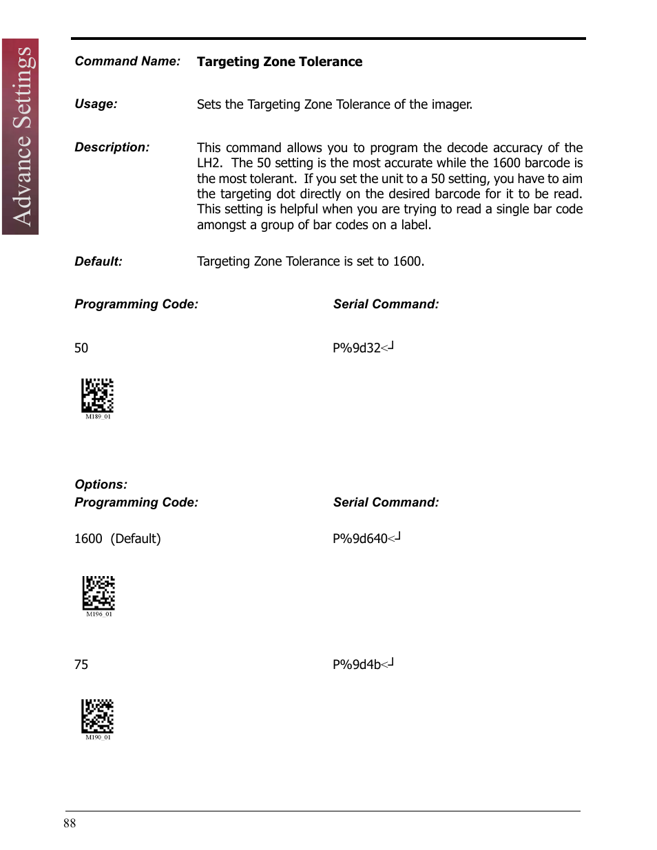 Targeting zone tolerance, Advance settings | Opticon LH2 User Manual | Page 88 / 102