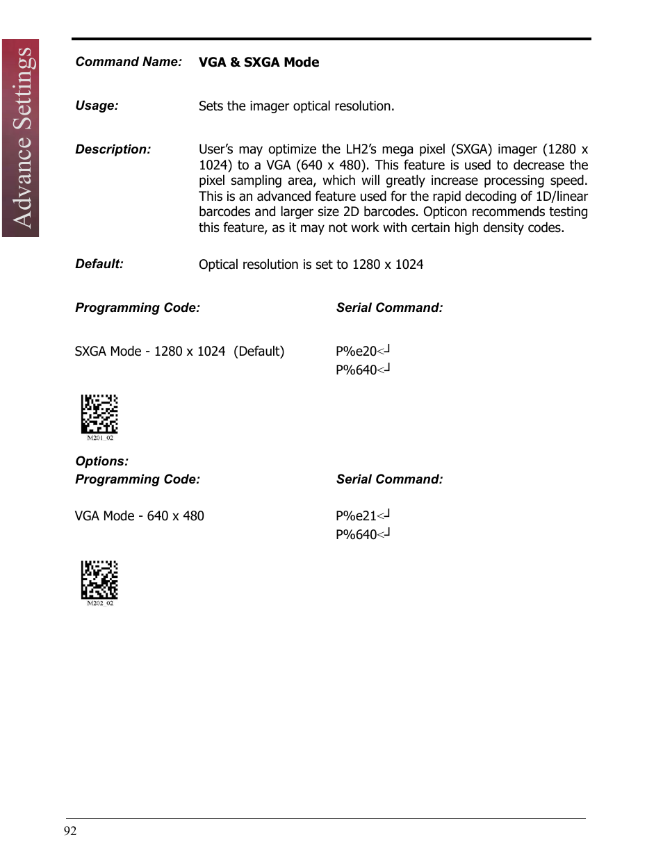 Vga & sxga mode, Advance settings, Prefix \ suffix | Opticon LH2 User Manual | Page 92 / 102