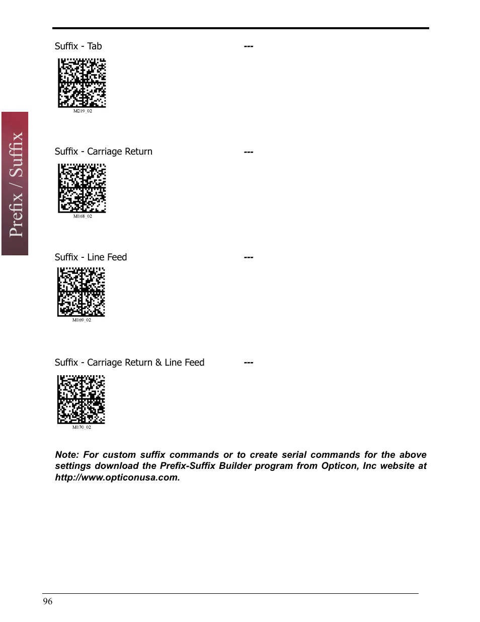 Prefix / suffix, Optimization matrix | Opticon LH2 User Manual | Page 96 / 102