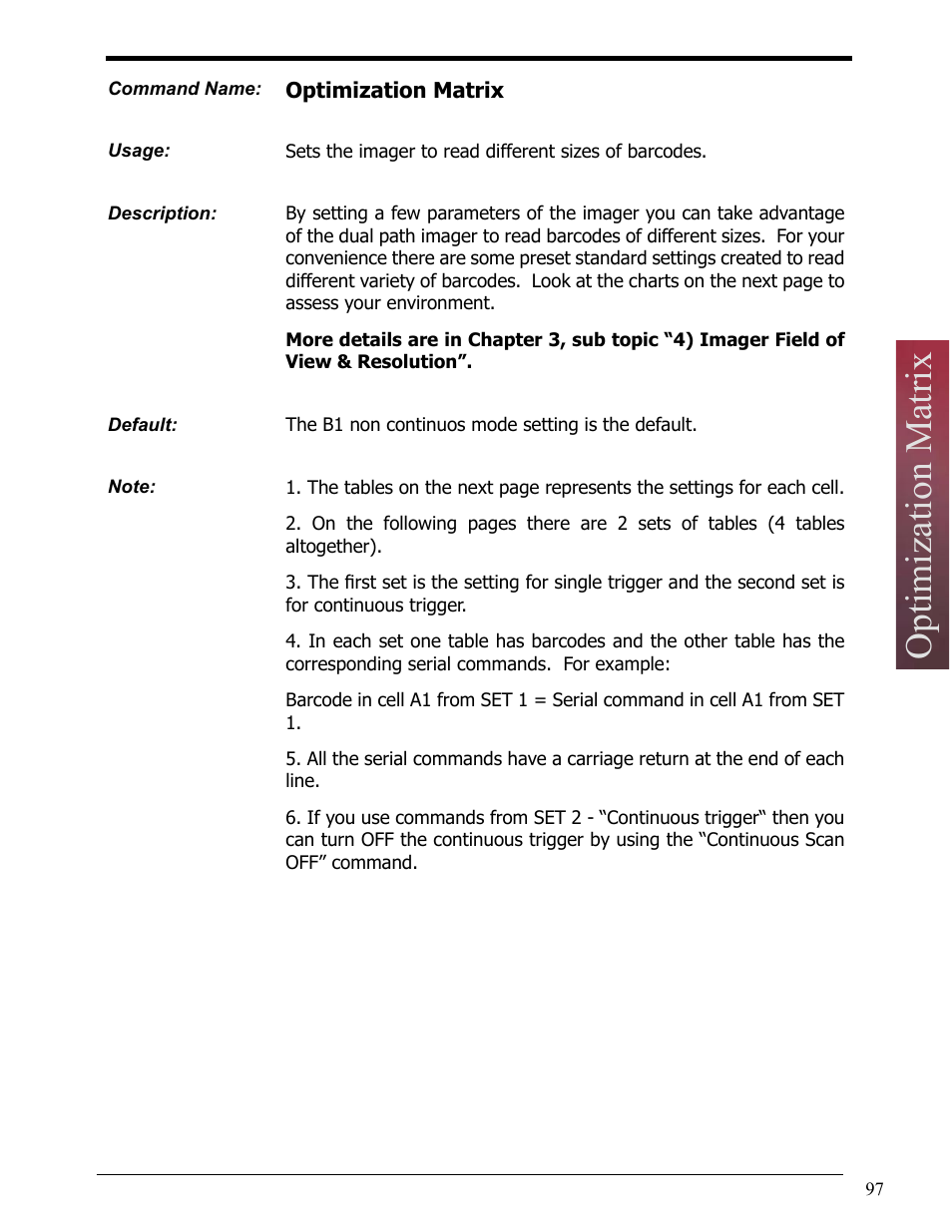 Optimization matrix, Prefix / suffix | Opticon LH2 User Manual | Page 97 / 102